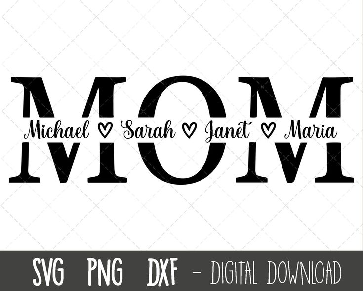 the word mom is shown in black and white, with hearts on it's side