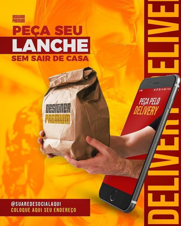 a person holding a brown paper bag in front of a cell phone with the text peca seu lanche sem sair de casa