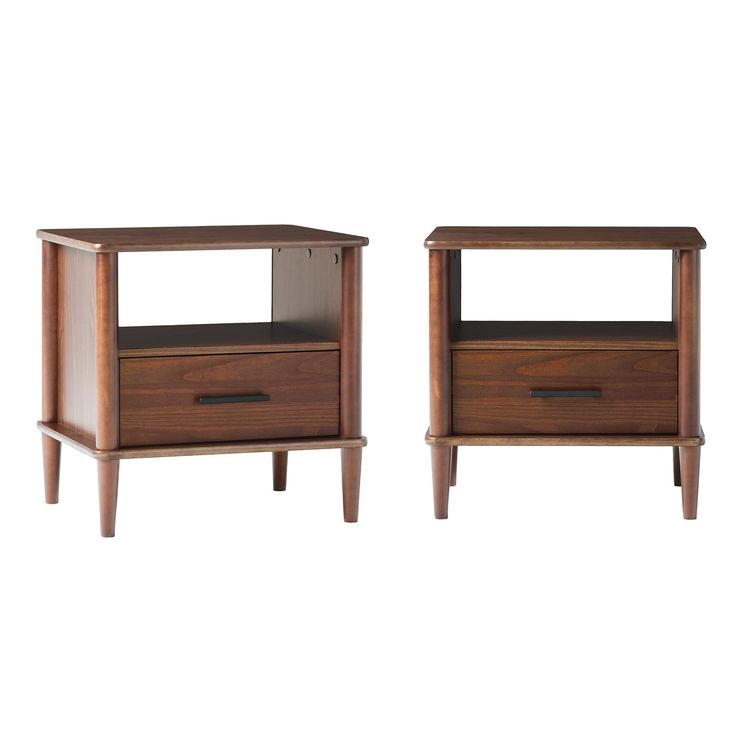 two wooden nightstands with one drawer open and the other closed, both side by side