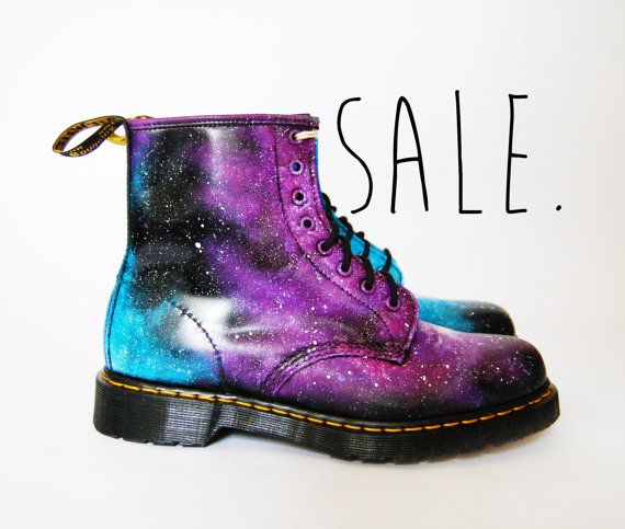 SALE. Size UK 8 . Gothic Galaxy Cosmic Print Dr Marten Boots. Hand-painted. Space nebula print. Sale. via Etsy Holographic Doc Martens, Purple Doc Martens, Combat Boots Purple, Galaxy Boots, Purple High-top Outdoor Boots, Doc Martens Purple Laces, Galaxy Stuff, Space Nebula, Dr Martens Boots