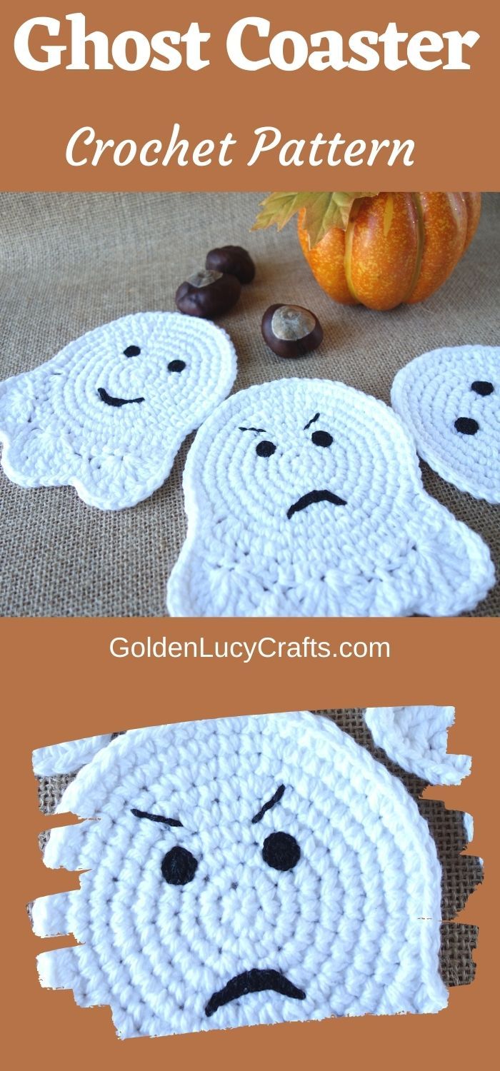 crocheted ghost coasters with text that reads, how to make a halloween ghost coaster