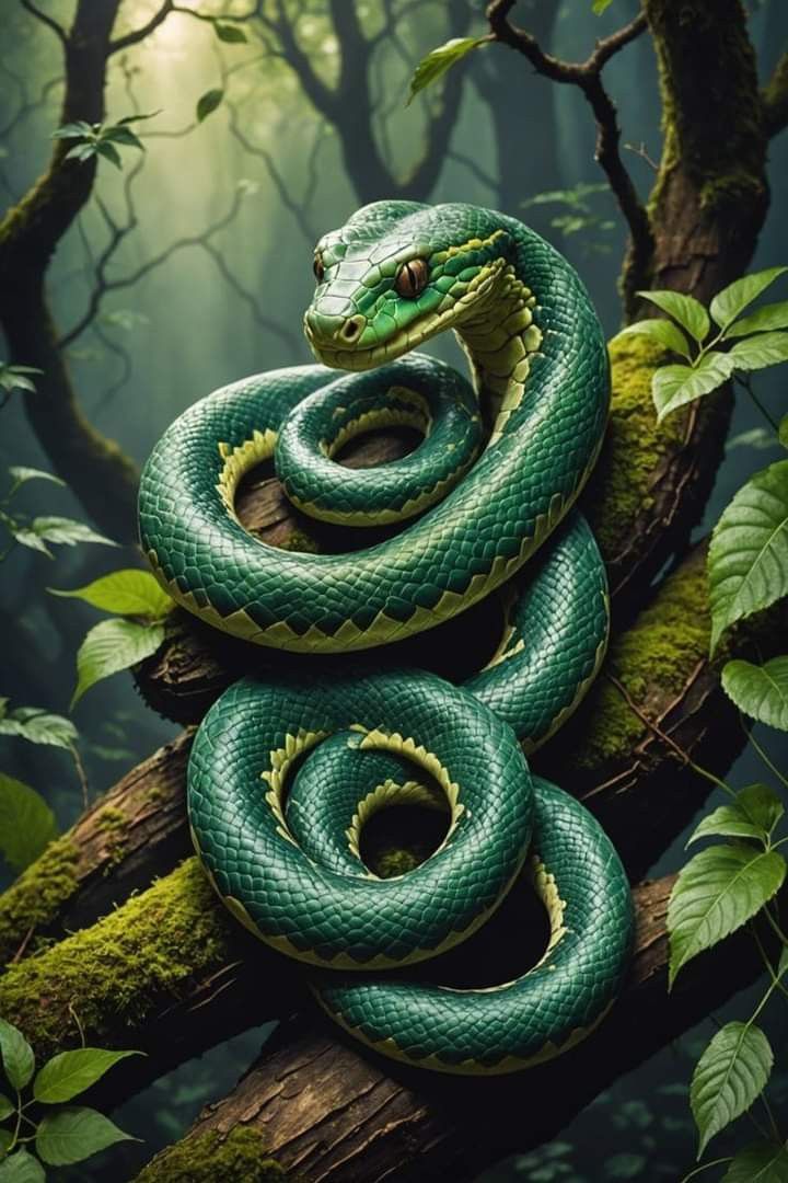 a green snake is sitting on a branch in the forest, with leaves surrounding it