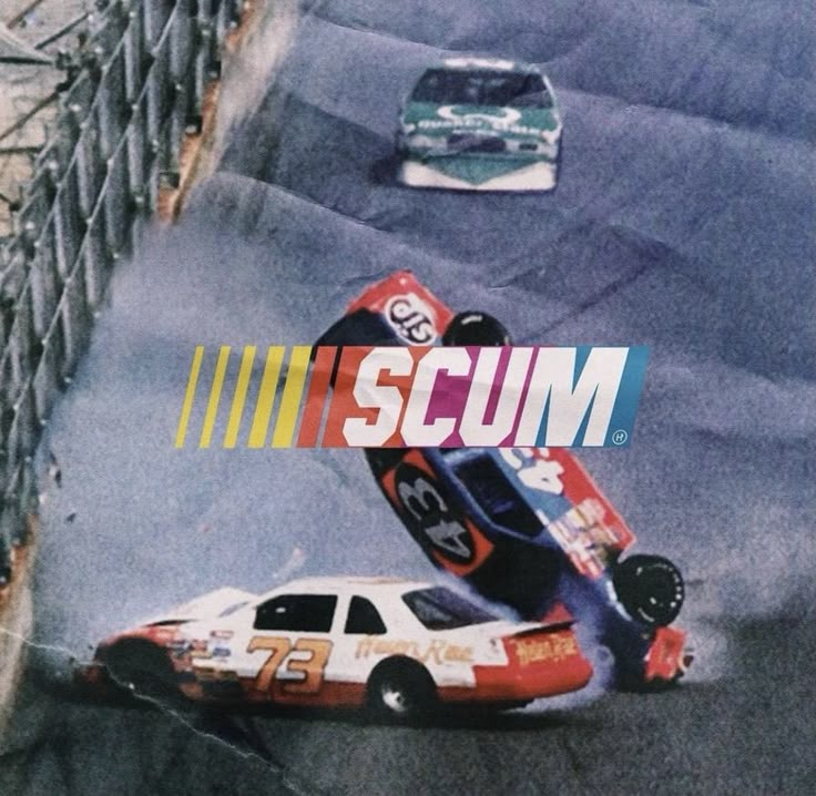 an image of a car crashing into another car on a track with the words miss cum above it