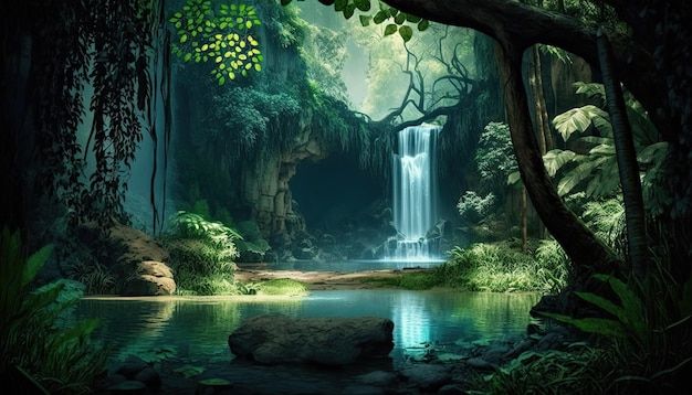 a painting of a waterfall in the middle of a forest