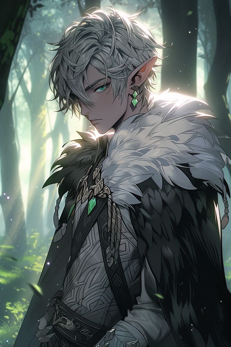 an anime character with white hair and green eyes standing in the middle of a forest