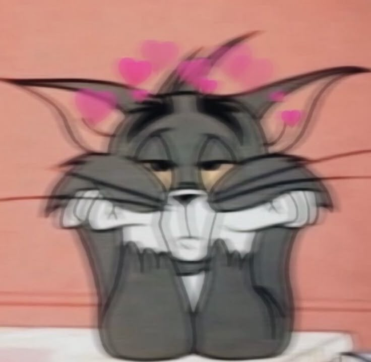 an animated cat with pink ears and tail sitting on the edge of a toilet in front of a wall