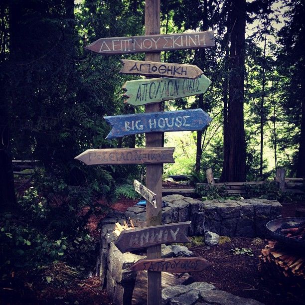 a wooden sign post with many different signs on it's sides and trees in the background