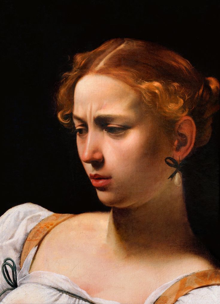 a painting of a woman with red hair and earrings looking down at her left shoulder