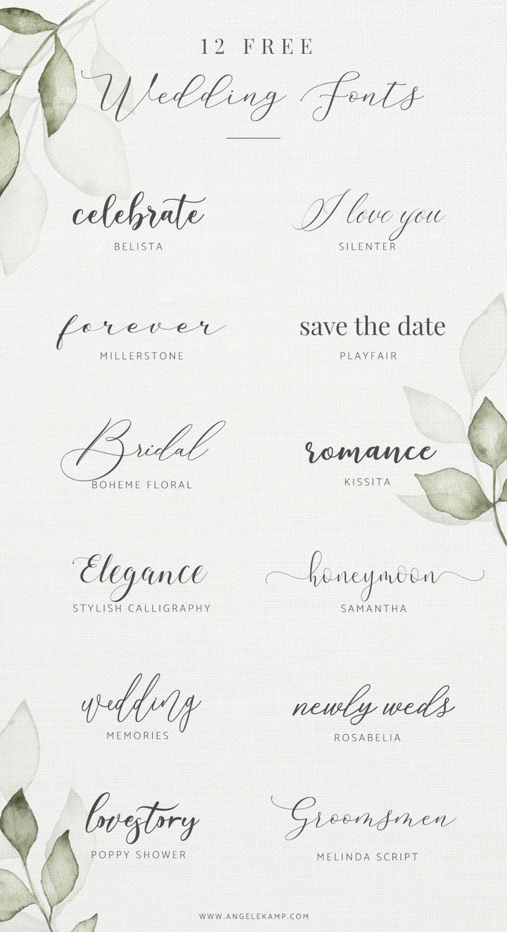 wedding font and numbers with leaves on white paper, including the names for each couple