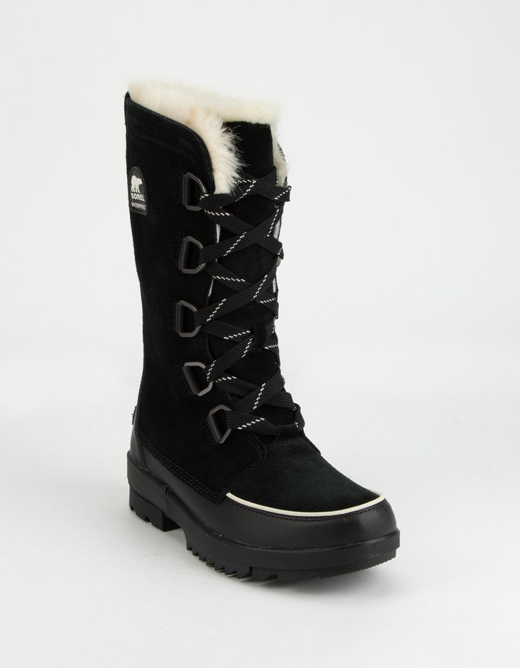 Sorel Tivoli IV Tall Boots. Ideal for cold winter days, this tall winter boot packs serious tread, insulation and an even sportier yet sleek look. Featuring 100 g insulation for warmth, a comfort EVA footbed, and fully waterproof construction, you'll defy the weather. UPPER: Waterproof suede and PU coated leather combination with faux fur collar. Microfleece lining. OutDry waterproof construction. Footbed: Die cut PU-like EVA footbed, microfleece topcover. Heel height: 1 3/4". Platform height: 1 Womens Tall Black Boots, Sorel Tivoli Iv, Sorel Tivoli, Tall Black Boots, Tall Winter Boots, Stunning Shoes, Black Boots Tall, Snow Boots Women, Womens Knee High Boots