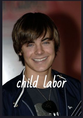 a young man smiling with the words child labor in front of him