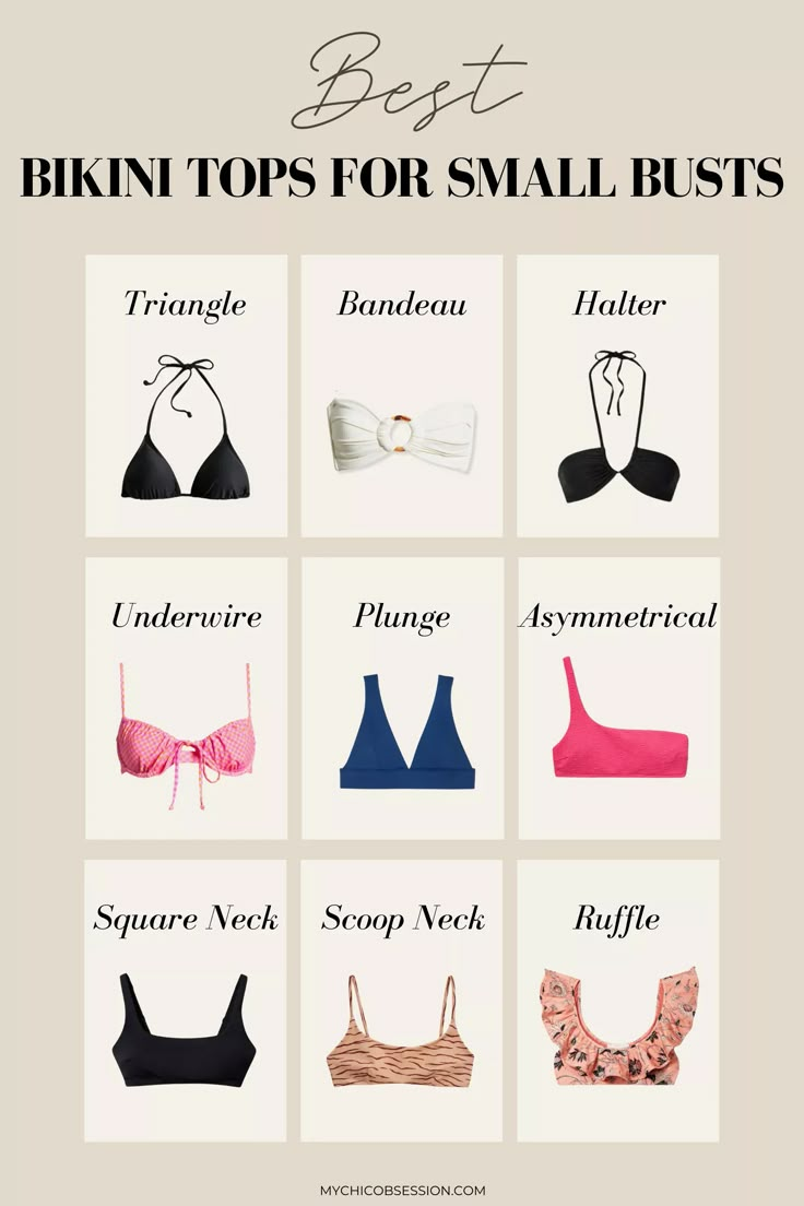 Wondering what the best bikini tops for small busts are? This guide will provide recommendations that will have you feeling your best! Cute Covering Bikinis, Types Of Bikinis Style, Swimwear For Small Breast, Swimsuit Small Bust, Best Tops For Small Bust, Best Bathing Suits For Small Bust, Best Swimsuits For Small Bust, Best Bikinis For Small Bust, Swimsuit Top Outfit