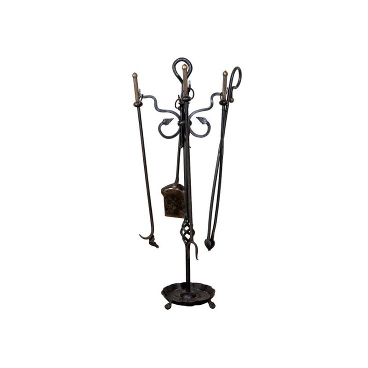 an iron coat rack with two umbrellas and a hat on it's stand