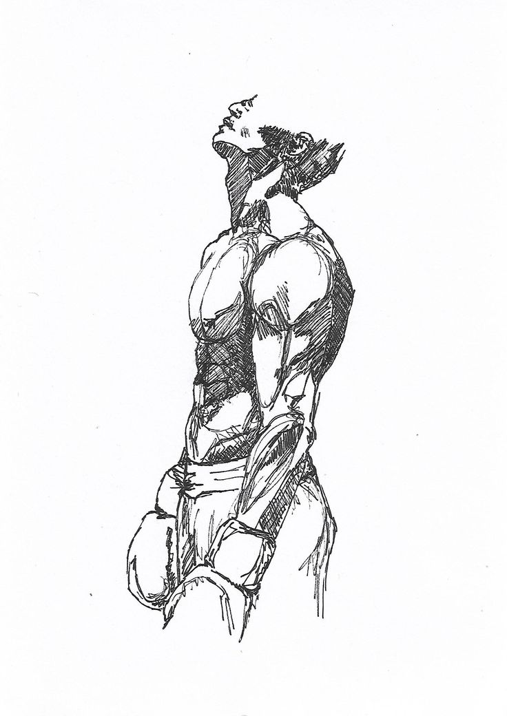 a black and white drawing of a man with his back turned to the camera, looking up