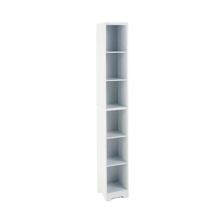 a tall white shelf with three shelves on each side