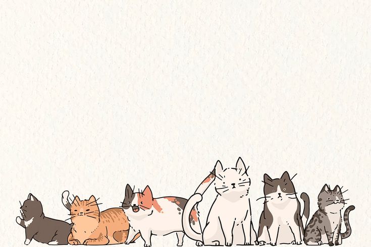 a group of cats sitting next to each other on top of a white floor covered in watercolor