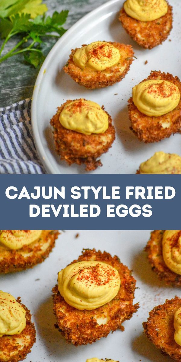 cajun style fried deviled eggs on a white plate with the words cajun style fried