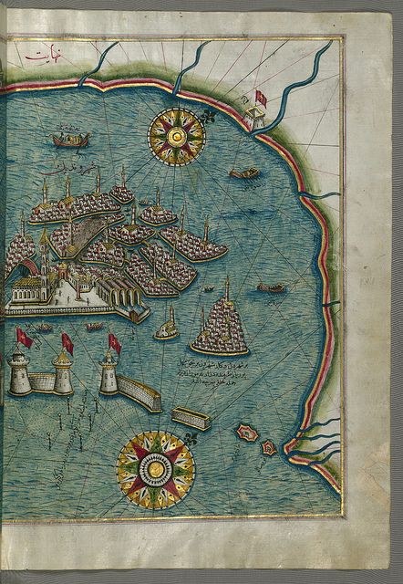 an old map with ships in the water and buildings on land around it's edges