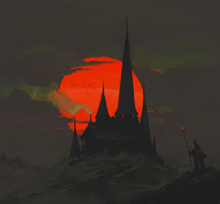 the sun is setting behind a castle with spires on it's roof, in front of an orange and black sky