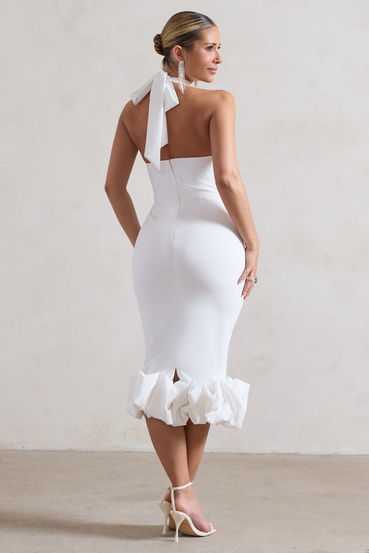 Get race ready in Ashton, the formal midi of the season. Crafted in a classic white shade of our signature stretch crepe, this flattering bodycon boasts a self-tie high neckline before finishing with an opulent ruffled hem. Try styling yours with a sleek bun to show off all Ashton has to offer. Features - Premium stretch crepe- Bodycon fit - High neckline - Self tie collar- Invisible zip closure - Ruffled hemline - Midi length Sizing & Fit Model is 5'8 and wears UK size 8 / US size 4 Product Information Designed exclusively by Club L London Fully lined with some stretch Premium crepe in White (86% Polyamide, 14% Elastane) 120cm total length SKU: CL132329005 Dress With Ruffle Hem, High Neck Midi Dress, Sleek Bun, Black Dress Prom, Tie Collar, Black Tie Gala, Party Dress Long Sleeve, Bridesmaid Outfit, Black Sequin Dress