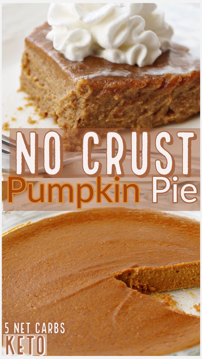 no crust pumpkin pie with whipped cream on top and the title overlay reads, no crust pumpkin pie