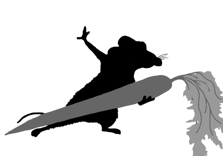 a black and white silhouette of a rat holding a surfboard with its paws in the air