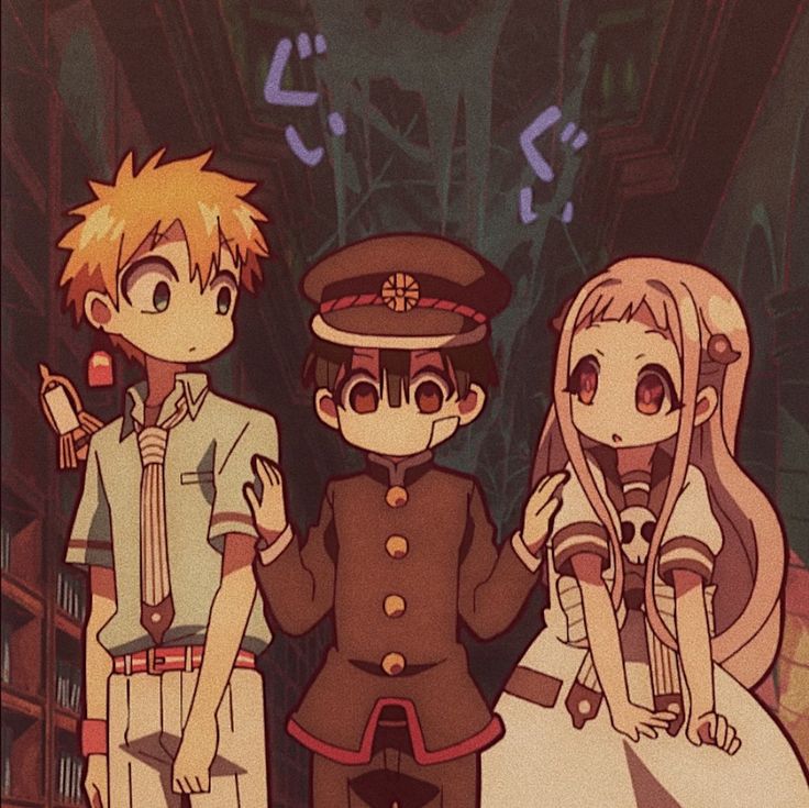 three anime characters standing next to each other