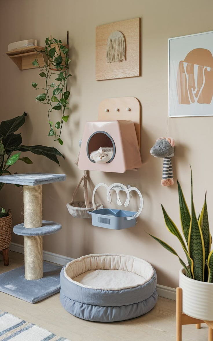 a room with various cat toys and plants