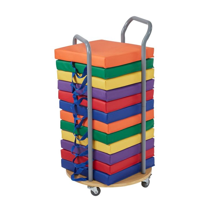 a multicolored stacking cart with wheels and handles on the top is stacked up