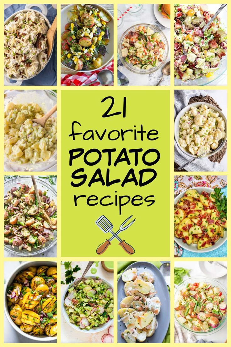 twelve favorite potato salads are featured in this collage