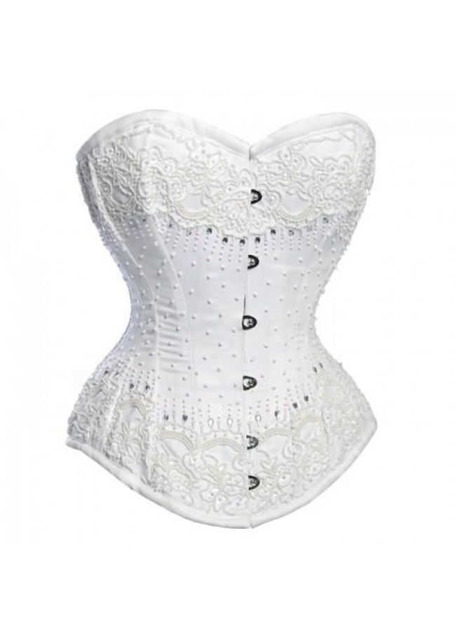 CQ- 404 - White Beaded Hand Embroidery On White Satin Over 60 - 40 Lcae Authentic Steel Boned Overbust Corset Wedding Corset, Corset Training, Bridal Corset, Corset Costumes, Steampunk Corset, Steel Boned Corsets, Boned Corsets, Corset Fashion, Authentic Wedding