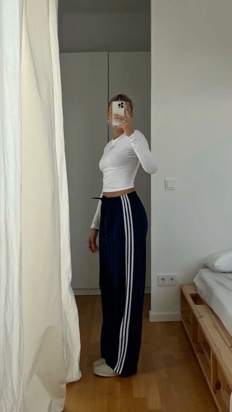 Fashion: #fashion, #style, #outfitinspiration, #beauty Dress Up Black Sweatpants, Track Pants Gym Outfit, Gym Fit Sweatpants, Striped Track Pants Outfit, Navy Blue Track Pants Outfit, Exercise Outfits Aesthetic, Navy Track Pants Outfits, Trackpants Adidas Outfit, Track Pants Outfit Winter