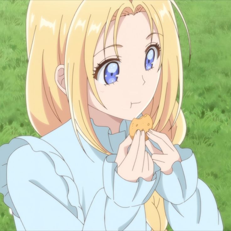 a blonde haired girl with blue eyes eating a donut in front of green grass