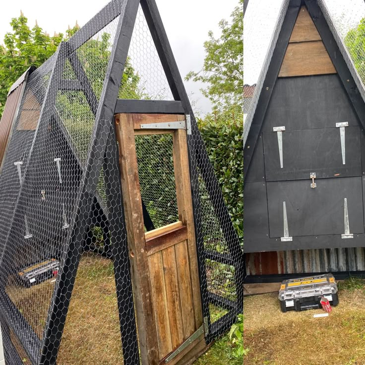 two small buildings made out of wood and metal