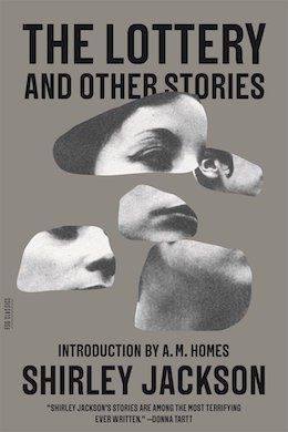 the book cover for the lottery and other stories, with three images of faces