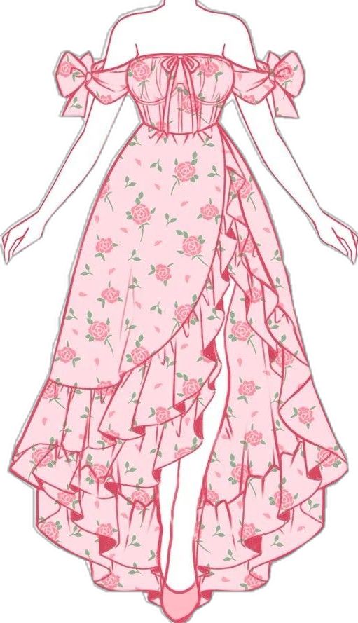 a drawing of a woman in a pink dress with flowers on it's skirt