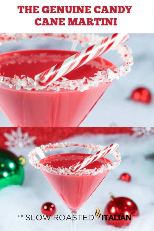 two glasses filled with candy cane martinis on top of a white table next to christmas decorations