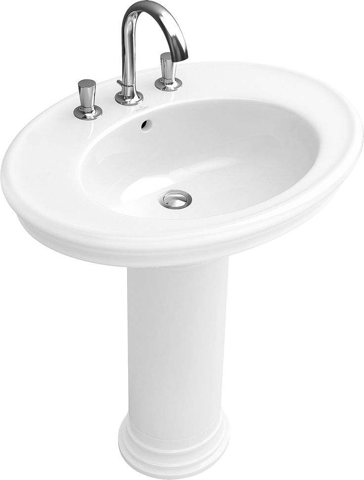 a white pedestal sink with two faucets on the top and one faucet at the bottom