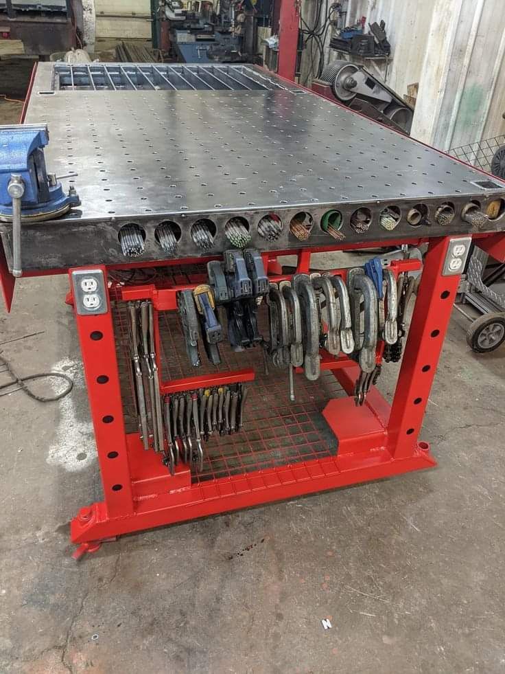 a workbench with lots of tools and wrenches hanging from it's sides