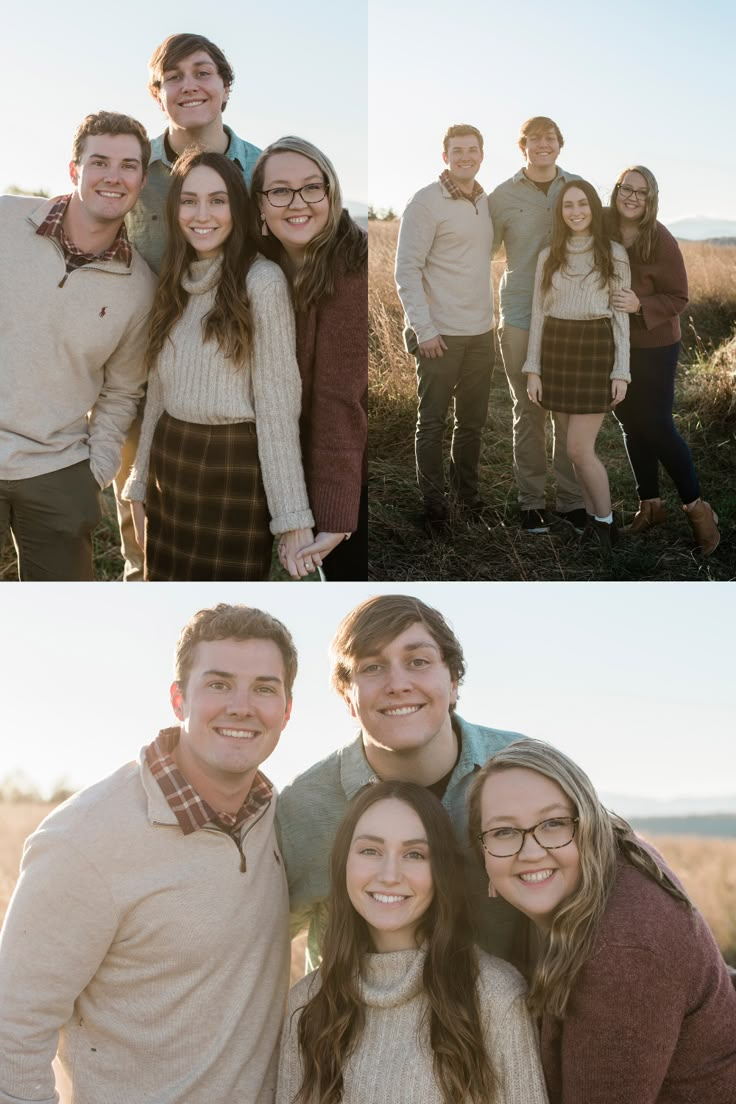 a group of people standing next to each other in a field with the sun shining on them