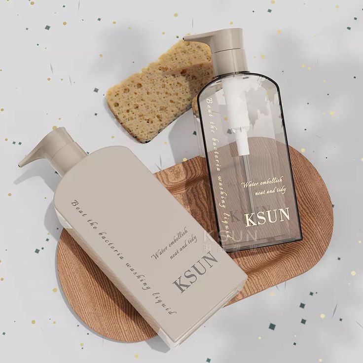 a bottle of skin care next to a slice of bread on a wooden plate with sprinkles