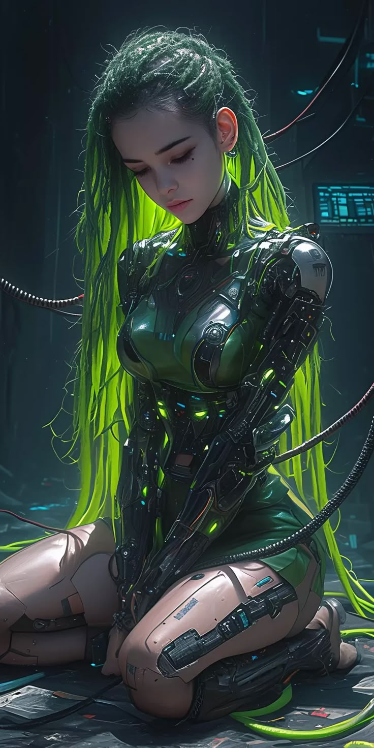 a woman with green hair sitting on the ground