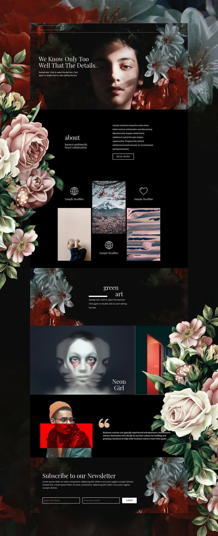 the website design is designed to look like it has been painted with flowers and leaves