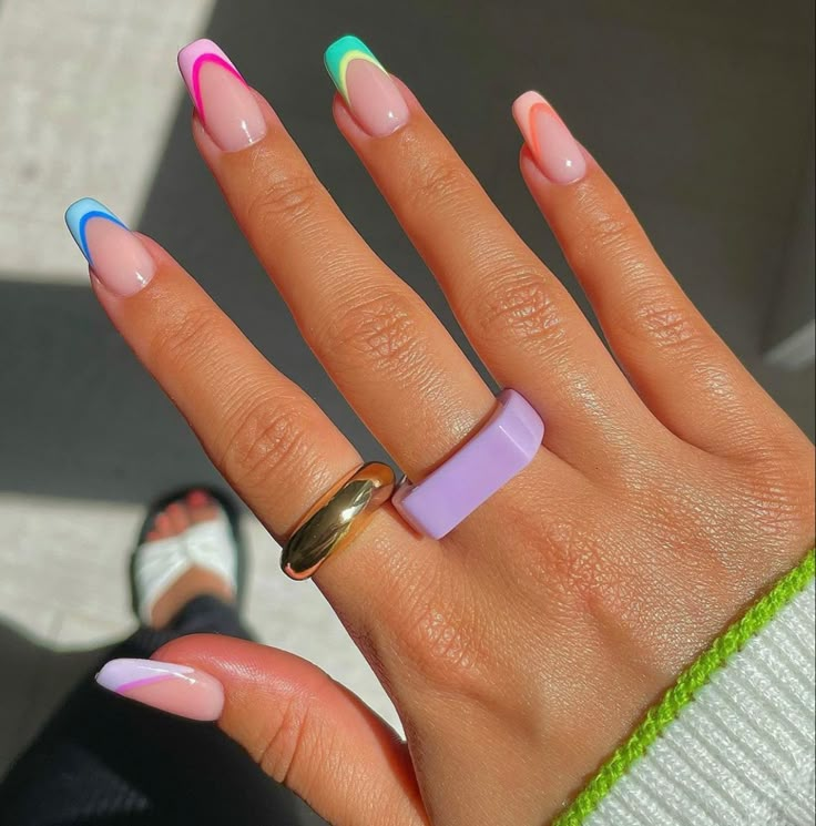 Multi color nails  nails French tip nails multi color acrylic nail art Multi Color French Tip Nails, Multi Color French Tip, Color French Tip Nails, Color French Tip, Nails Acrylic Square, Bday Nails, Colour Tip Nails, Summery Nails, Simple Acrylic Nails