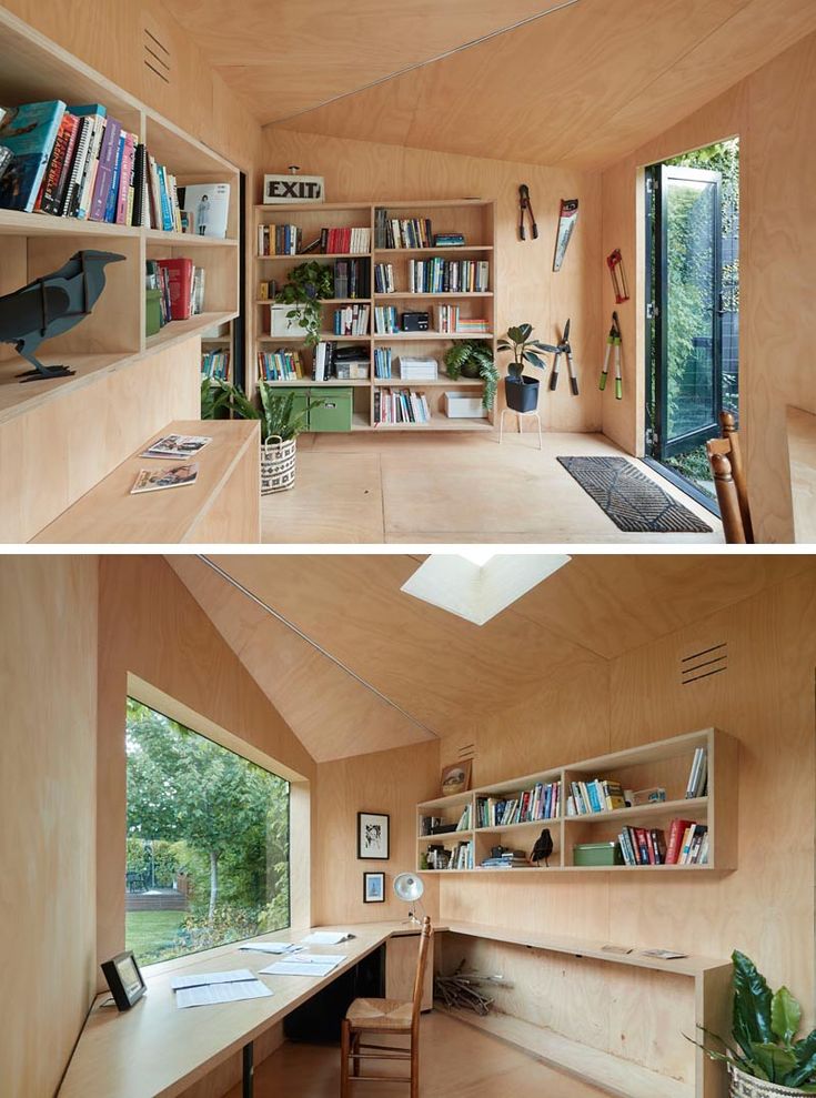 two pictures of the inside and outside of a home office with bookshelves on each side