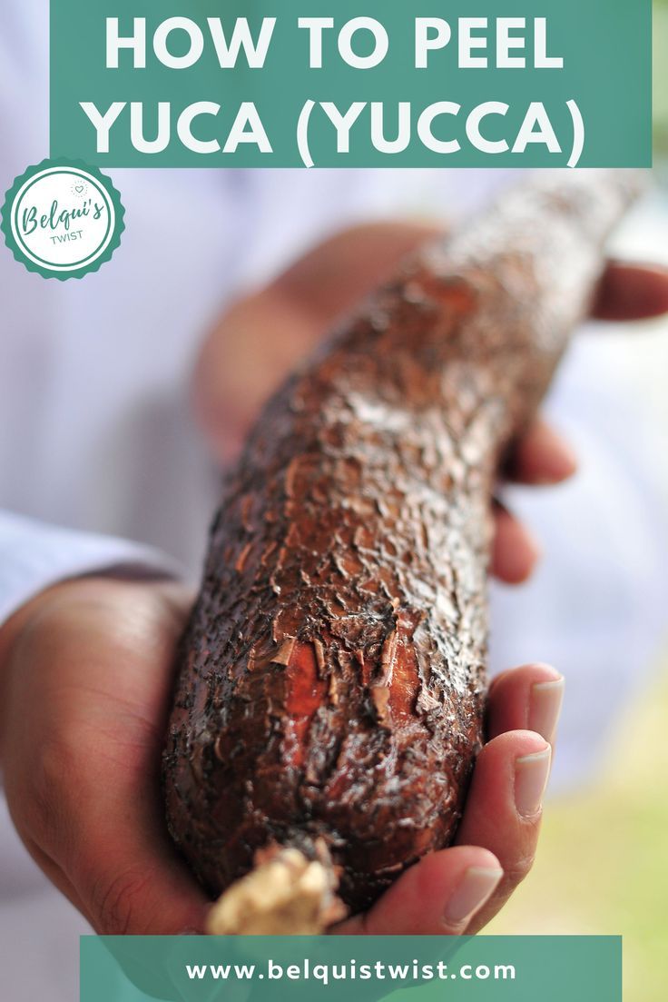 a person holding a piece of bread in their hands with the words how to peel yuca