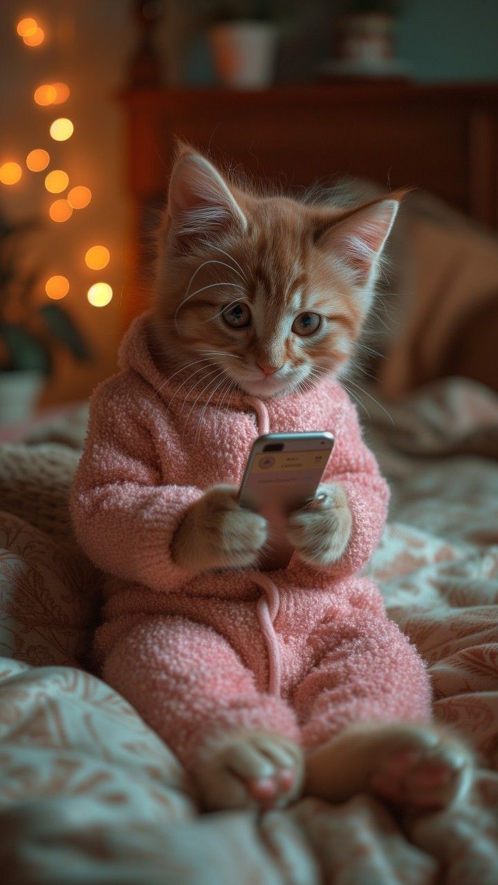 a small kitten in a pink outfit sitting on a bed looking at a cell phone