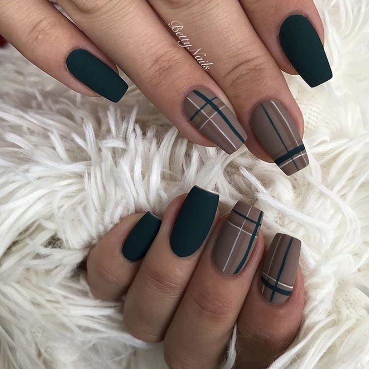 Matte Nail Art Designs, Plaid Nail Designs, Matte Nail Art, Matte Nail, Fall Nail Ideas, Plaid Nails, Matte Nails Design, Fall Acrylic Nails, Work Nails