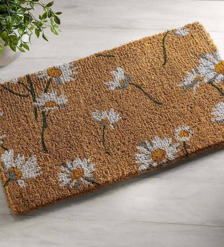 a door mat with daisies on it and a potted plant in the background