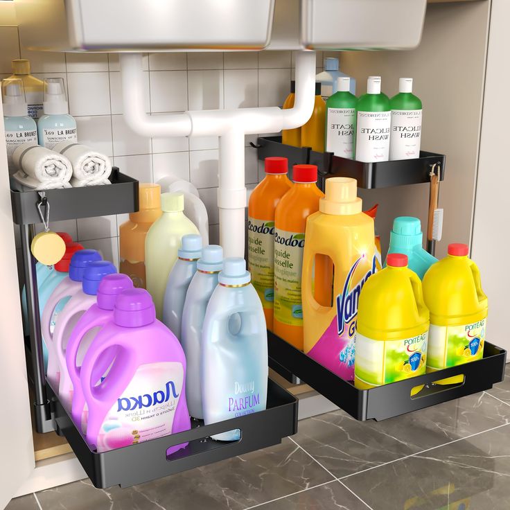 a kitchen sink filled with lots of cleaning products